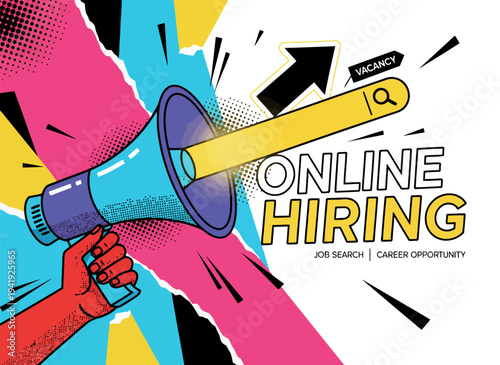 Pop art online hiring and job search illustration with megaphone EPS10 Stock.eps