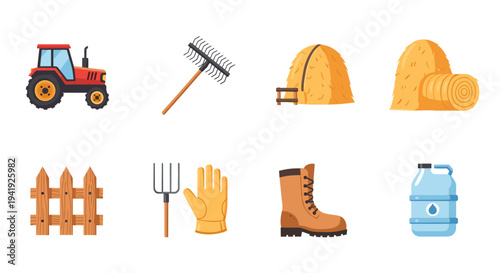 Farming equipment and supplies set: tractor, rake, hay bales, fence, and more