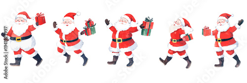 Watercolor illustrations of Santa Claus walking and holding various wrapped gifts in festive red suit with black boots and hat set on white background