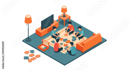 Family puzzle time in cozy living room setting with isometric design