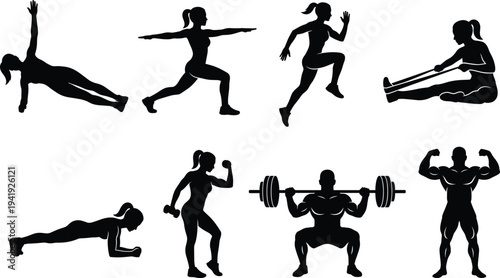 Fitness workout silhouette vector set, bodybuilding and yoga exercise icons, gym training athlete collection