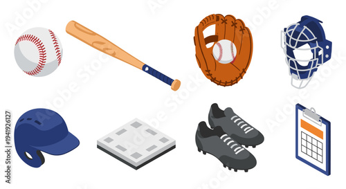 Baseball equipment isometric set: bat, glove, ball, and more