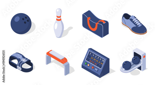 Isometric bowling equipment set: ball, pins, shoes, and accessories