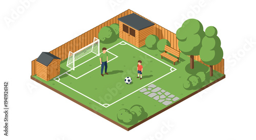 Father and son playing soccer in isometric backyard garden with shed and trees