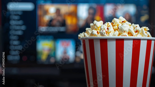 Popcorn bucket with TV streaming menu blurred in the background, evoking movie night vibes