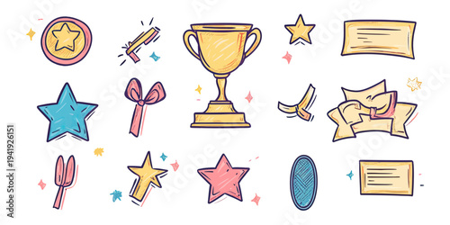 Hand drawn award icons set with winner trophy cup, star medals, ribbons, victory certificates, and success symbols in doodle sketch style vector illustration