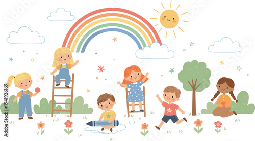Joyful children playing outdoors in colorful garden park with rainbow, smiling sun, clouds, and flowers, vibrant illustration for educational materials, invitations, and creative projects