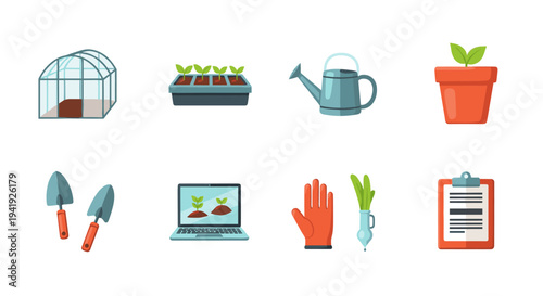Essential gardening tools and greenhouse elements in modern flat design