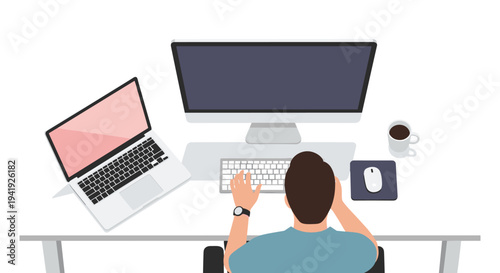 Modern workspace with desktop computer and laptop in minimalist design