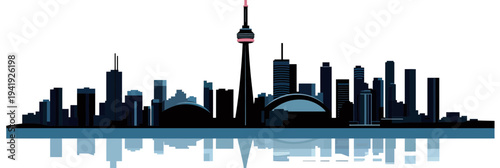 Stylized minimalist vector skyline of Toronto cityscape with CN Tower and modern skyscrapers reflected in water silhouette design