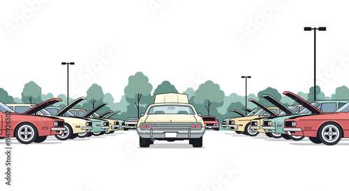 Classic cars in parking lot with open hoods and trees in background