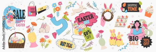 Colorful cartoon Easter shopping concept big stickers set. Cute Easter cartoon elements set in cartoon style. White bunnies, spring flowers, Easter eggs, cakes, seasonal decorations. 