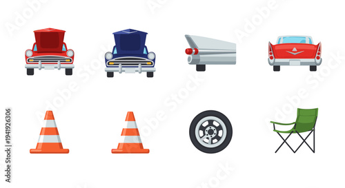 Classic car parts and traffic cones with green camping chair in flat design
