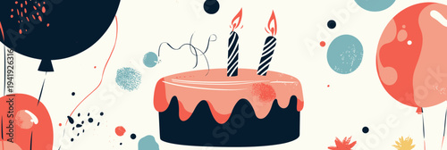 Minimalist flat style birthday cake with two lit candles and colorful balloons festive celebration party decoration vector illustration background