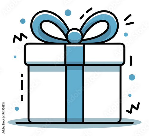 A simple, stylized of a white gift box with a blue ribbon and bow