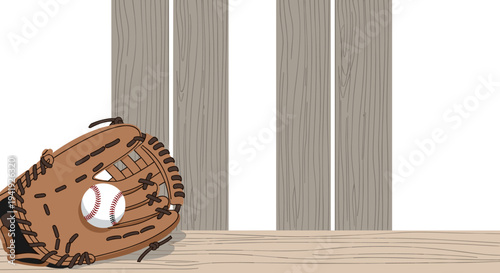Baseball glove and ball on wooden background for sports design