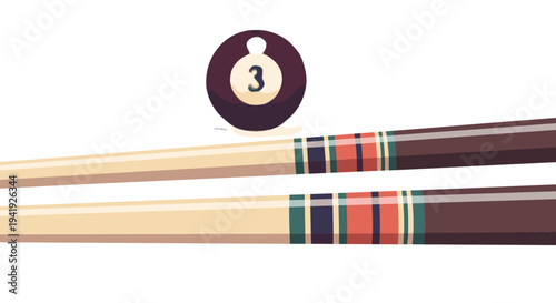 Billiards equipment: pool sticks and number 3 ball illustration in flat design