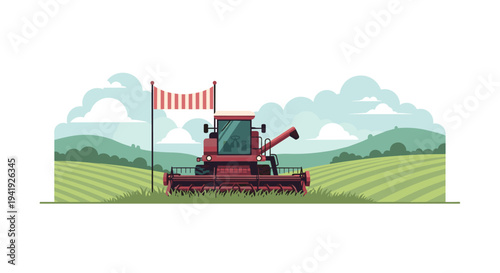 Flat design farm harvester on a scenic countryside landscape