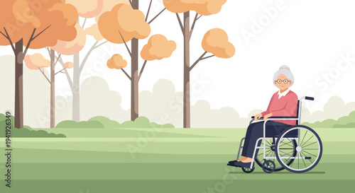 Elderly woman in wheelchair enjoying autumn park in tranquil setting