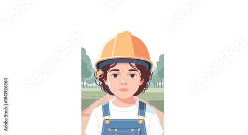 Child wearing construction helmet outdoors in cartoon style