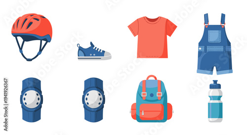 Cycling gear set for kids: helmet, shoes, clothing, and accessories in flat design