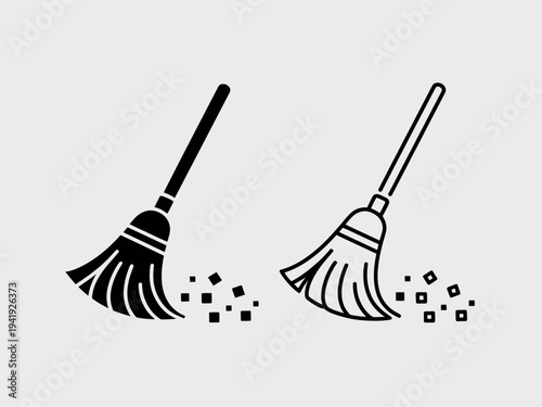 Two Broom Sweeping Dust Particles, One Solid Black, One Outline