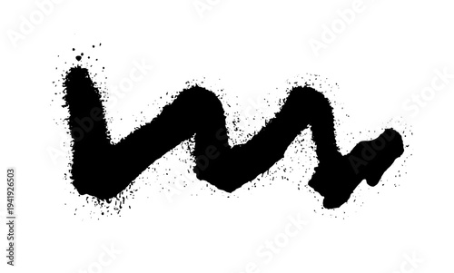 Black ink splatter with scattered drops and spray effect resembling aerosol paint. Grunge style vector illustration of liquid splash isolated on white background.