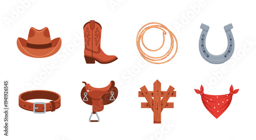 Western cowboy elements: hat, boot, rope, horseshoe, saddle, bandana