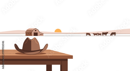Rustic ranch scene with cowboy hat and grazing cows at sunset
