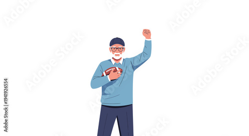 Elderly man celebrating with football: cheerful profile in casual outfit with cap