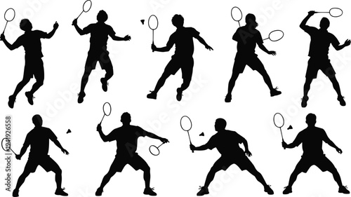 Badminton player silhouette collection with dynamic action poses, racket, shuttlecock, jumping, swinging, sports training, competition, athletic movement, team illustration