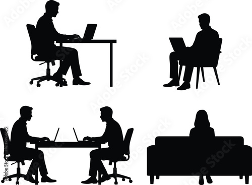 Flat vector illustration silhouette of people working on laptops at desks and sitting on sofas