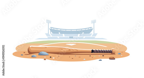 Baseball bat on field with stadium in background
