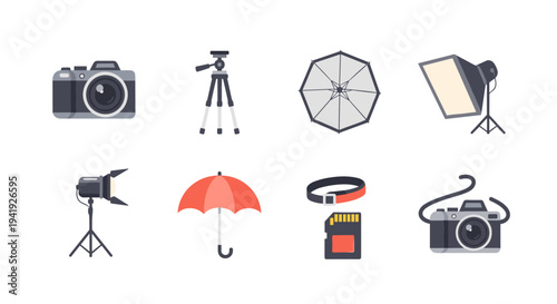 Photography equipment icons set featuring cameras, tripods, and lighting gear in flat style