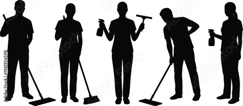 Professional Cleaning Service Team Silhouettes with Mop, Broom, Spray Bottles and Window Squeegee Equipment