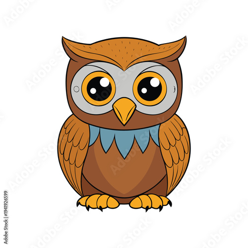 Adorable brown owl cartoon character with big eyes front view image