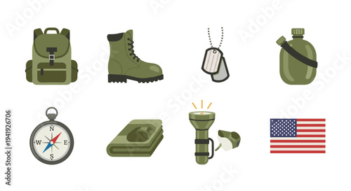 Military gear and equipment: backpack, boot, dog tags, canteen, compass, and flag icons