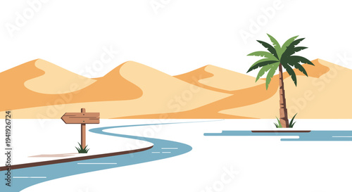 Scenic desert landscape with palm tree and river in minimalist style