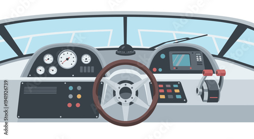 Modern boat cockpit with instruments and steering wheel in flat design