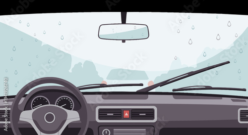 Rainy day driving: inside car view with windshield wipers in motion