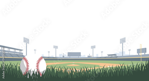 Baseball field with ball and stadium background in flat design