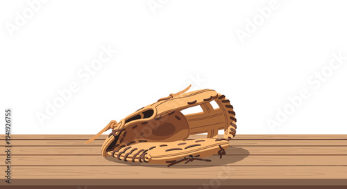 Baseball glove on wooden table with simple background