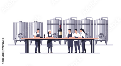 Winery workers at tasting table with stainless steel fermentation tanks in background