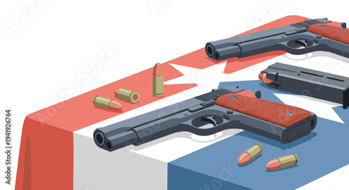 Cuba flag with pistols and ammunition on table: graphic art of weapons