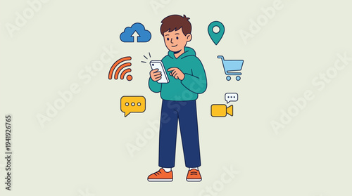 Person Using Smartphone with Digital Technology Icons Flat Vector Illustration