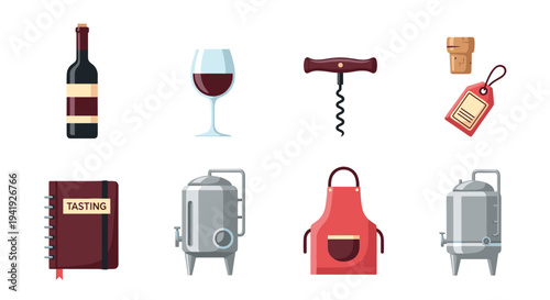 Wine tasting essentials with flat design icons featuring bottles, glass, and corkscrew