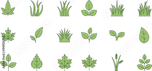 Botanical icons featuring diverse leaves and grass silhouettes, plant species, foliage, gardening, nature, ecology, vector illustration for design themes