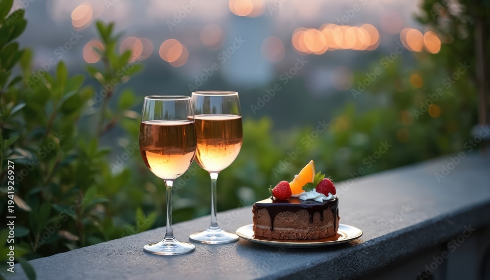 Naklejka premium Two wine glasses filled with rose wine sit beside chocolate cake with fruit topping on terrace. Blurred city lights glow in background. Perfect for romantic dinner.