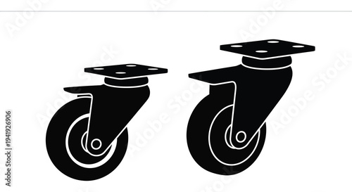 Two black caster wheels are displayed in a stark graphic representation silhouette high quality professional detailed
