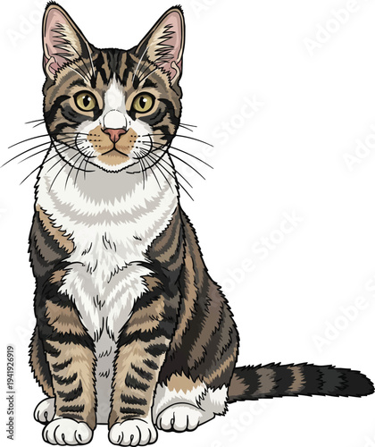 American Wirehair cat sitting upright facing front cute illustration